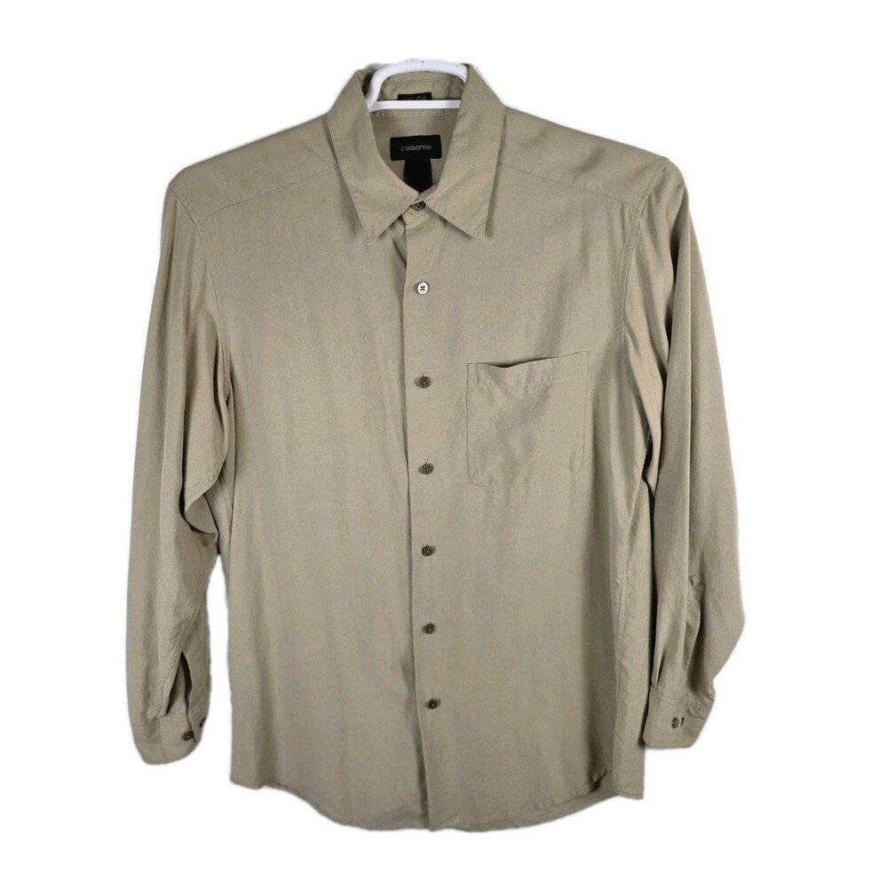 Calvin Klein Men's Medium 100% Silk Tan Long Sleeve Shirt